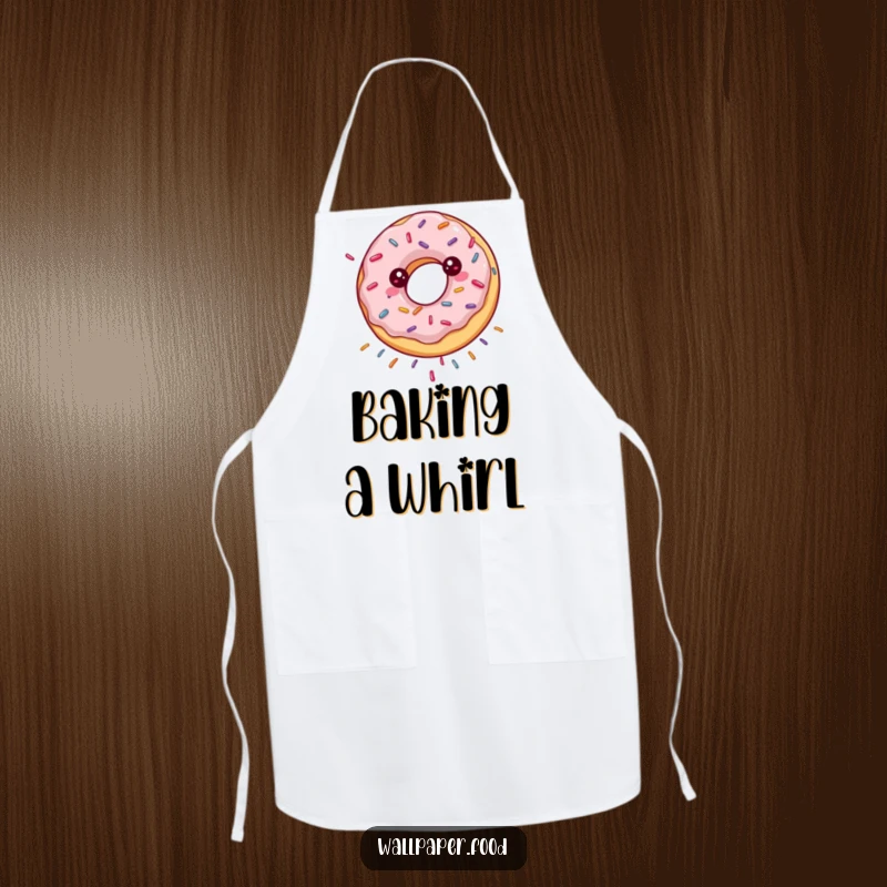 Funny apron depicting a happily spinning donut showering sprinkles, ideal for sweet baking sessions.