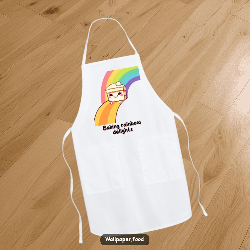 Funny apron showcasing a grinning cake character sliding down a vibrant rainbow, perfect for adding humor and sweetness to cooking.