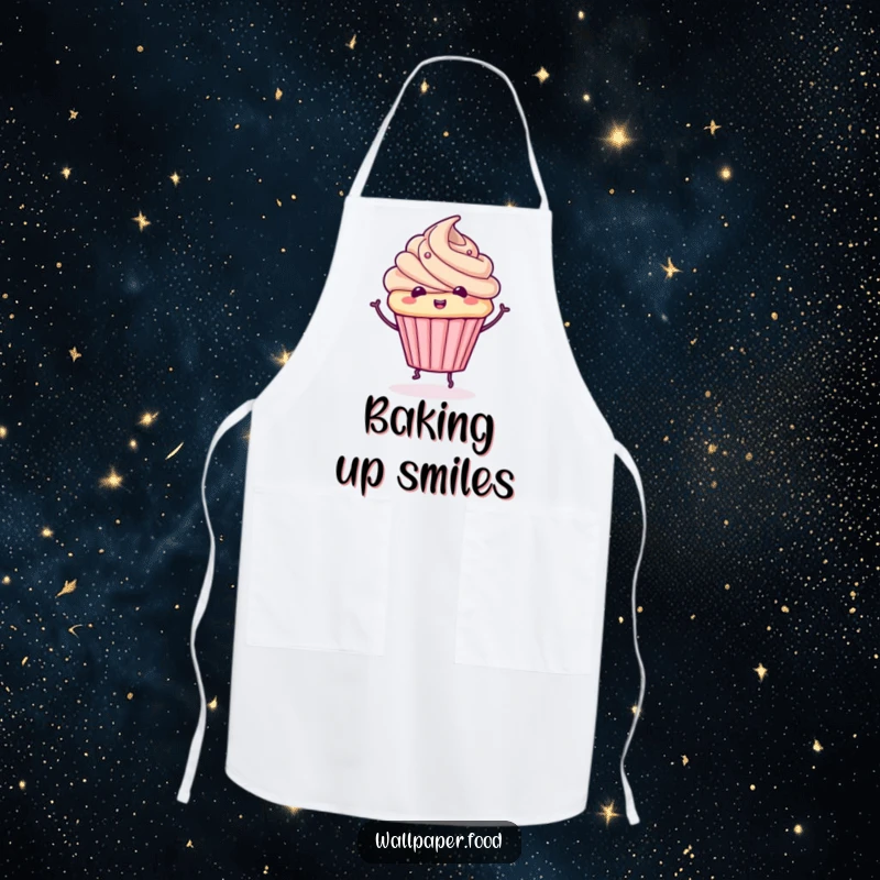 Funny cupcake apron showing a cute character with frosting doing a whimsical spin, perfect for a fun baking experience.