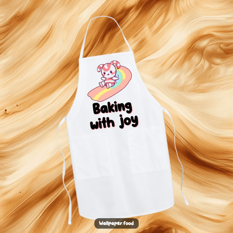 Funny apron showcasing a happy candy cane character gleefully sliding down a vibrant rainbow made of tiny, colorful sprinkles.