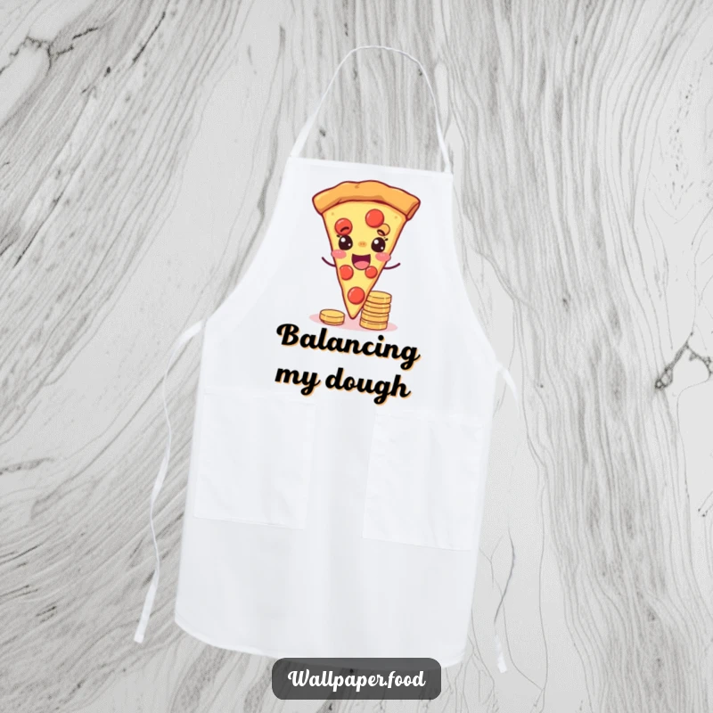 Funny apron showing a joyful pizza slice winking while balancing coins, perfect for humorous cooking and lucky kitchen fun.