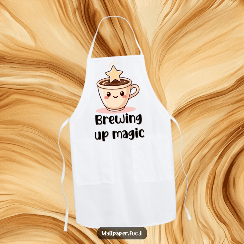 Funny apron illustrated with a coffee cup character with steam artfully shaped like a star, ready for kitchen magic.