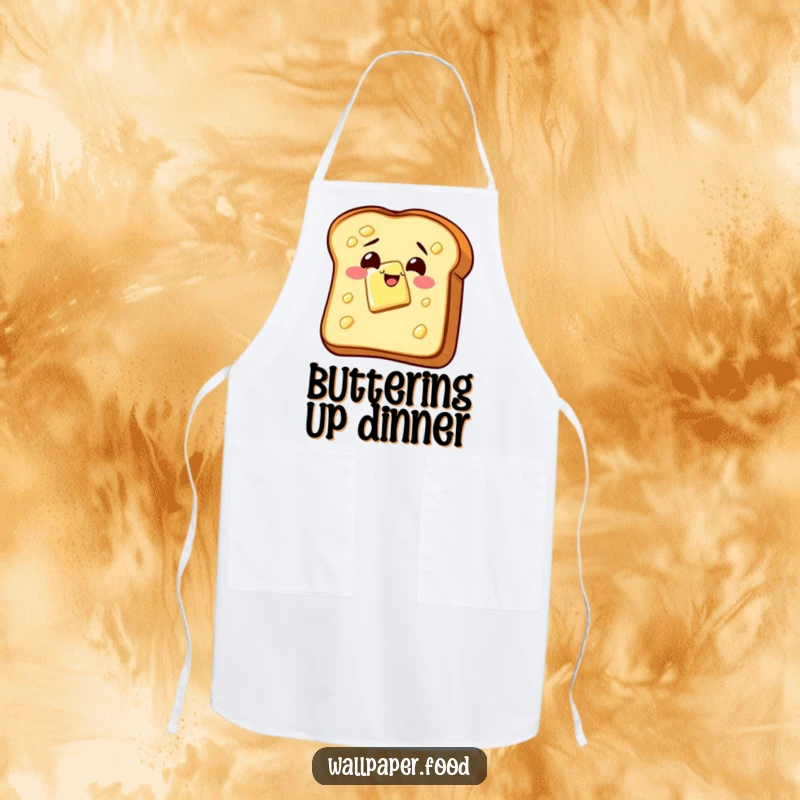 Funny apron showcasing a slice of buttered toast wiggling with glee, perfect for adding humor and breakfast cheer to the kitchen.