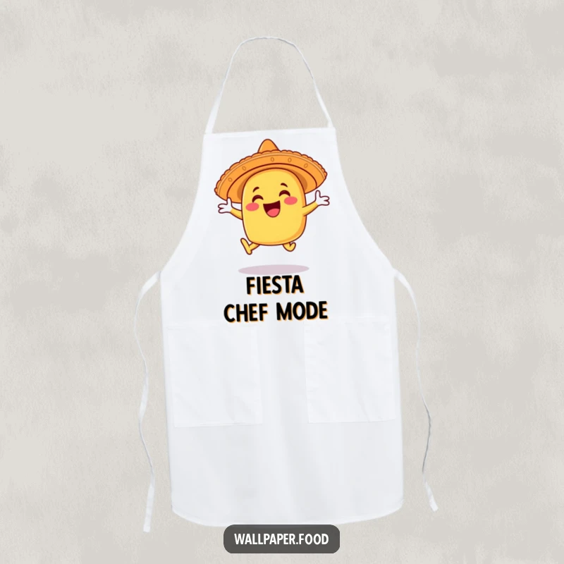 Funny taco apron character wearing a sombrero and leaping joyfully, ready for culinary adventures. Functional and festive.
