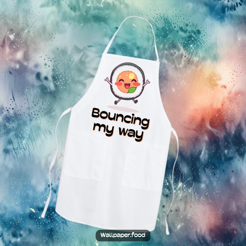Funny apron depicting a sushi roll with legs joyfully leaping, adding a playful and energetic vibe to cooking.