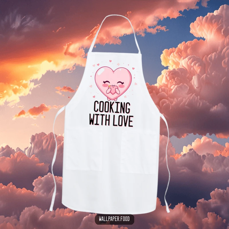 Funny Candy Heart Apron: Happy character happily blowing surrounded by glitter, a humorous and practical kitchen accessory.