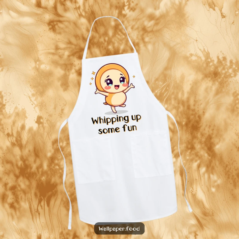 Funny caramel swirl character joyfully dancing while cooking, accented with sparkles, on a durable apron for a humorous kitchen accessory.