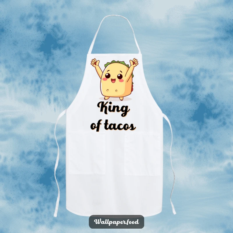 Funny apron depicting a cheering taco with tiny arms raised in triumph, ideal for festive meal preparation.