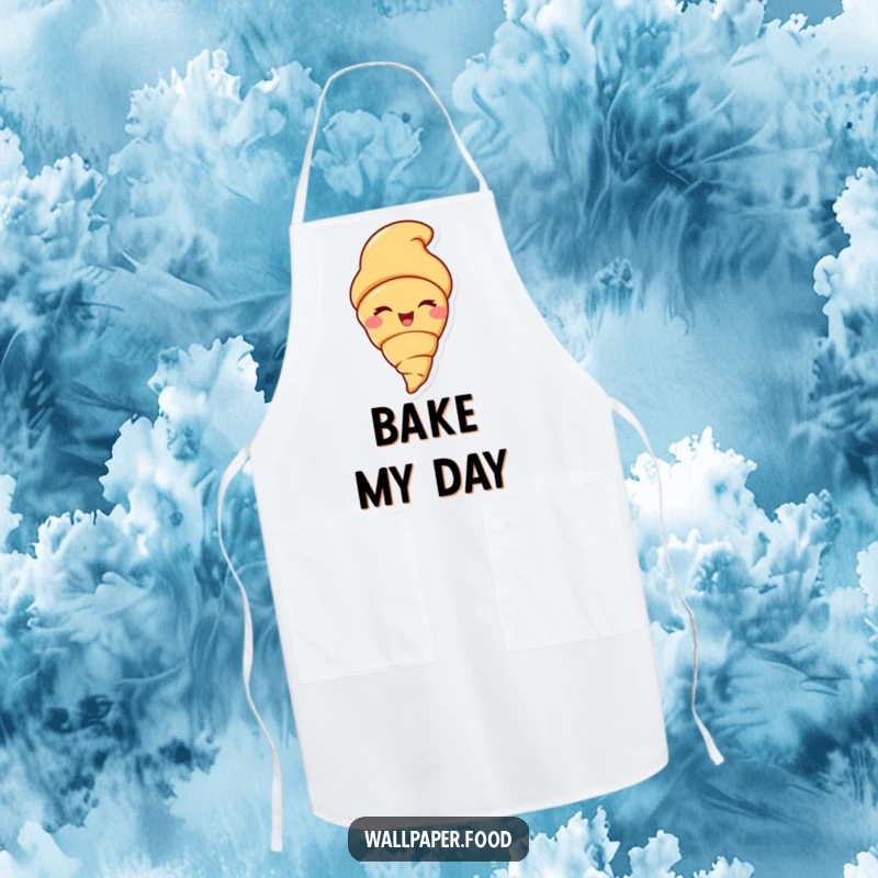 Funny apron featuring a delighted croissant character winking playfully, adding a humorous touch to your baking sessions.