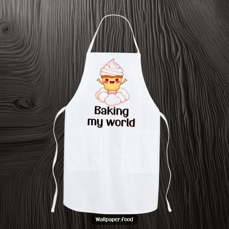 Funny apron featuring a smiling cupcake character bouncing on a cloud of whipped cream, adding a humorous touch to baking.