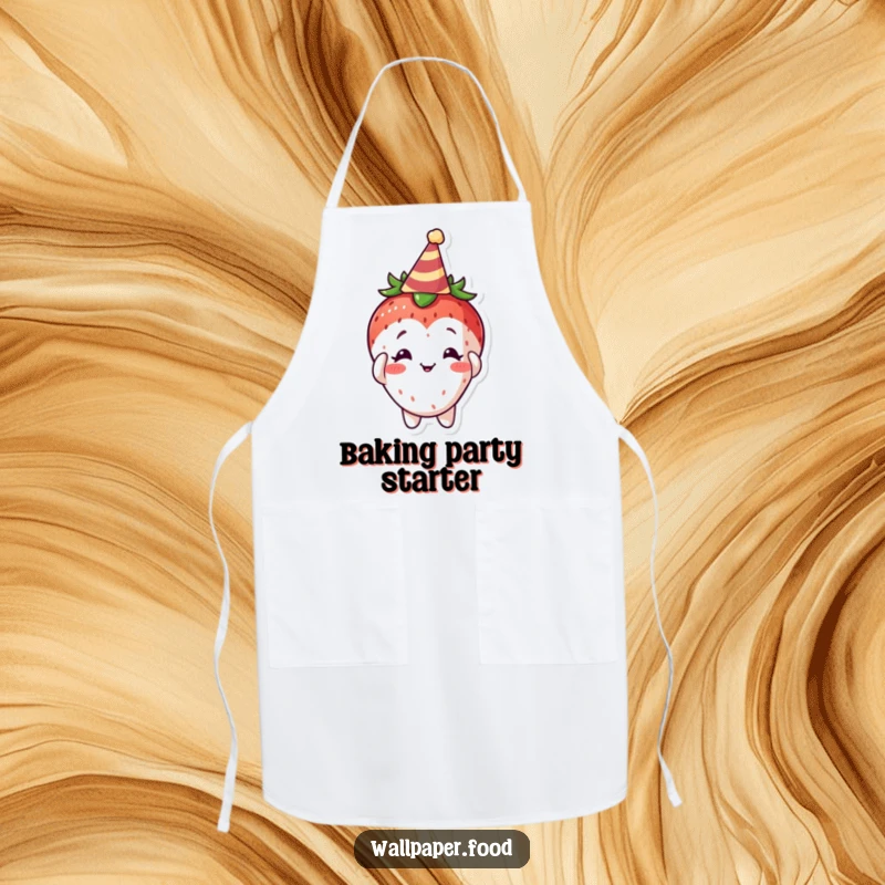 Funny Curious Strawberry Apron, a delightful fruit character adorably adjusting a party hat, ready for kitchen celebrations.
