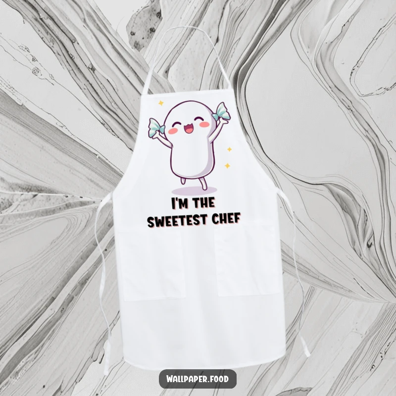 Funny dancing candy apron with a shimmering wrapper, showing an excited candy ready to cook up a treat.