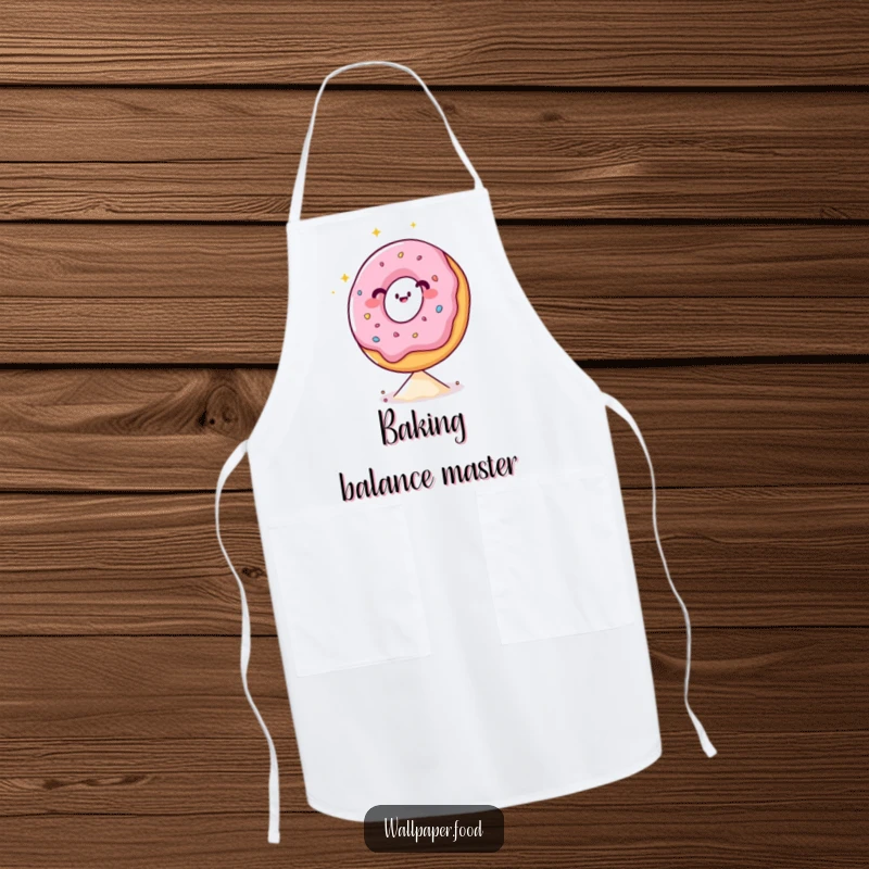 Funny apron design featuring a happy donut character with a sparkling demeanor, balancing skillfully on a sprinkle while cooking.