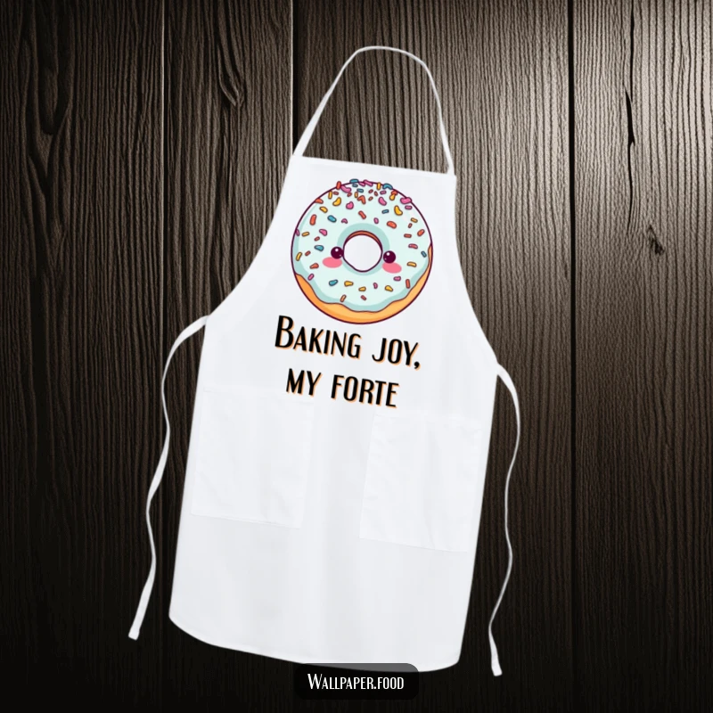Funny apron illustrated with a cheerful doughnut character overflowing with colorful sprinkles, ready for baking fun.