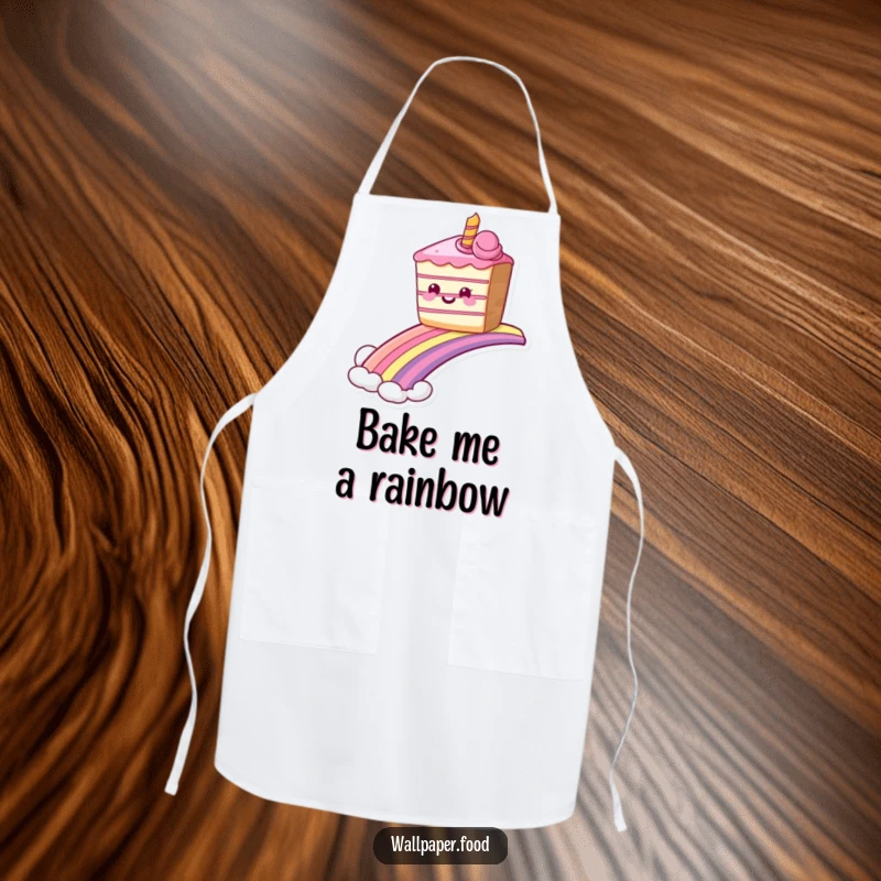 Funny grinning cake apron sliding down a rainbow, kitchenwear for dessert lovers who enjoy magic. Great funny gift.
