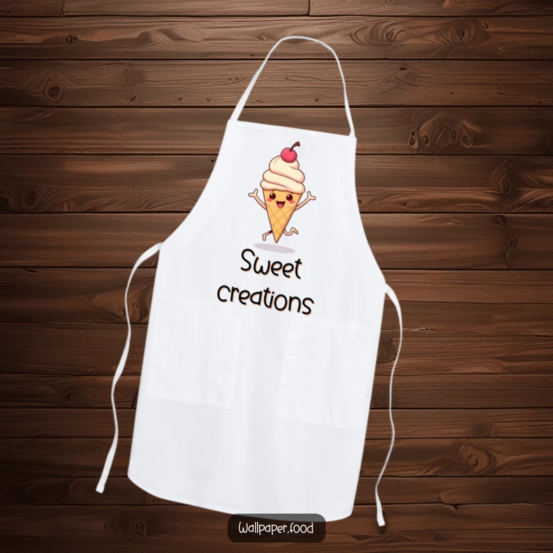 Funny apron depicting a hopping ice cream cone with a cherry on top bouncing, ideal for sweet baking.