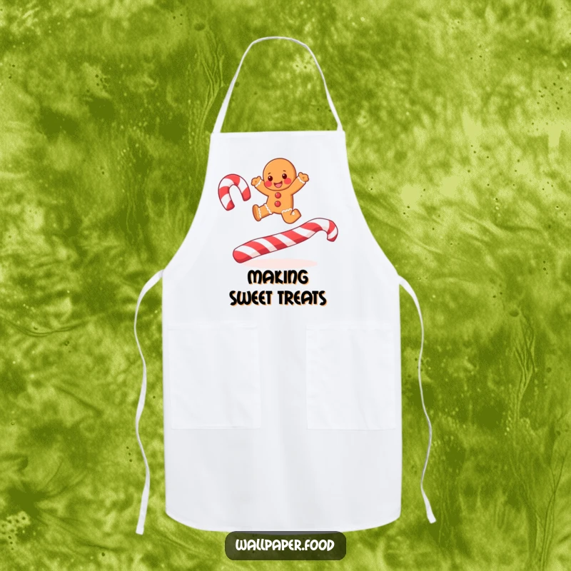 Funny joyful gingerbread man leaping over candy cane stripes on a festive kitchen apron, ready for holiday baking.
