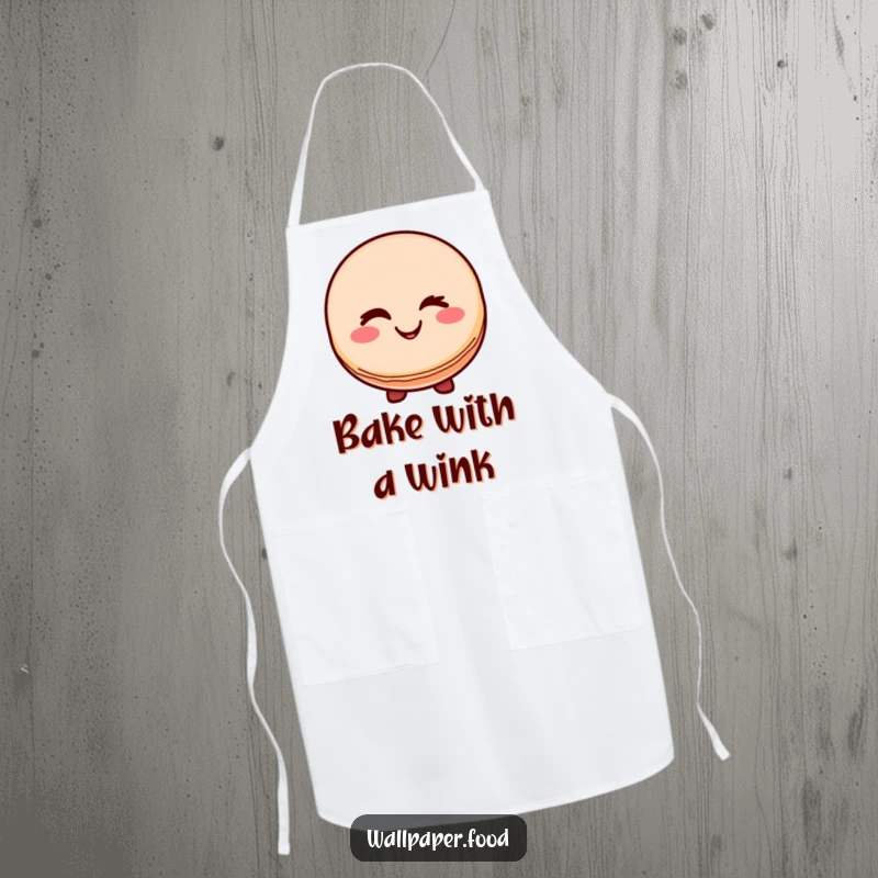 Funny apron showcasing a smiling macaron character giving a wink, perfect for adding humor and sweetness to cooking sessions.