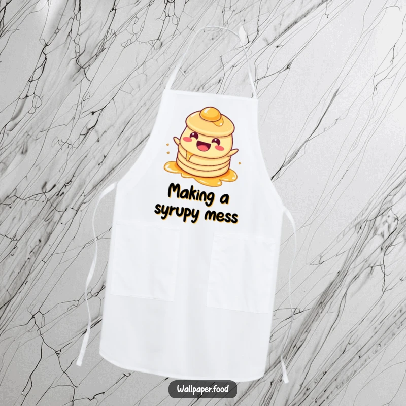 Funny Apron: A happy pancake character sloshing in syrup, perfect for cooks who love to add a touch of breakfast fun.