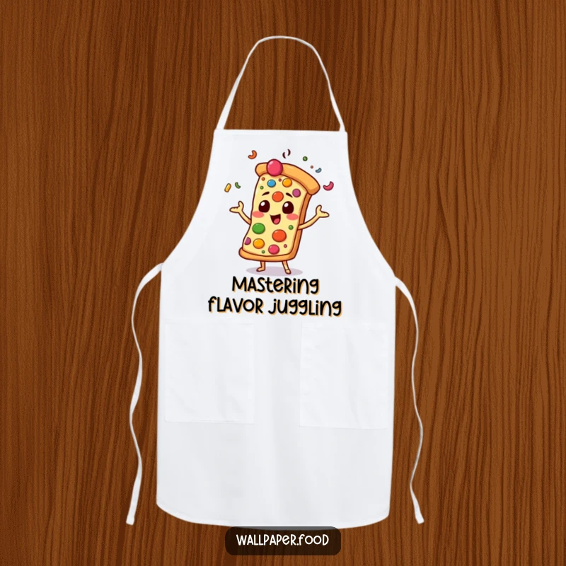 Funny apron featuring a pizza slice character expertly juggling a variety of toppings, ready to protect your clothes with a smile.