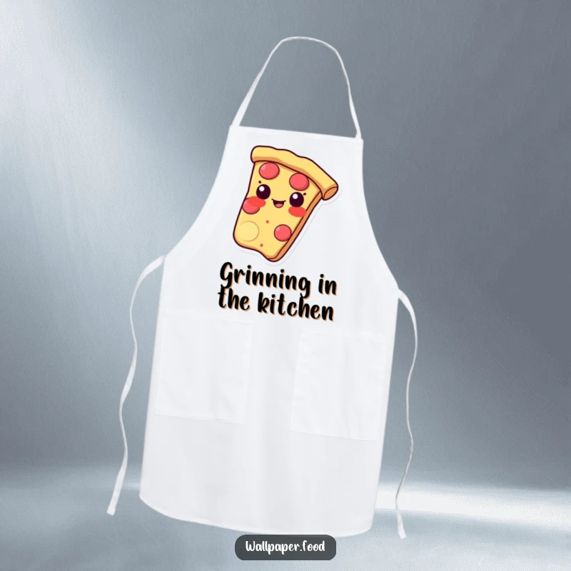 Funny apron depicting a pizza slice sliding with a mischievous grin on its crust, ideal for playful cooking.