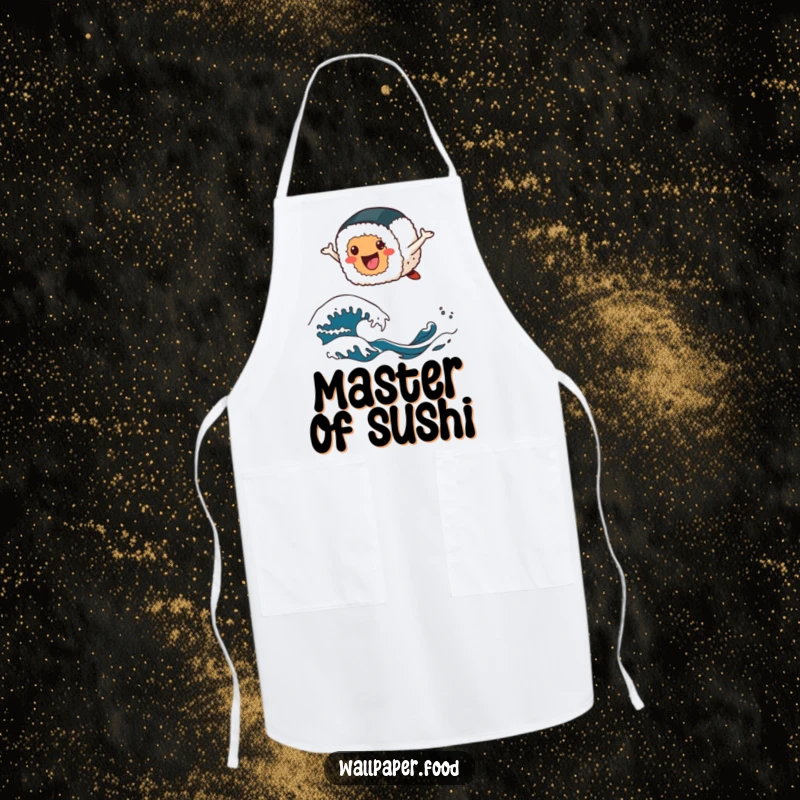 Funny sushi chef apron showing a cheerful sushi roll character leaping joyfully over stylized waves, ready to cook delicious meals.