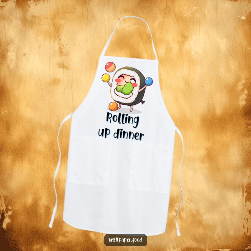 Funny Sushi Juggling Apron showing a grinning sushi roll with tiny feet, skillfully juggling three colorful balls, perfect for a fun kitchen.
