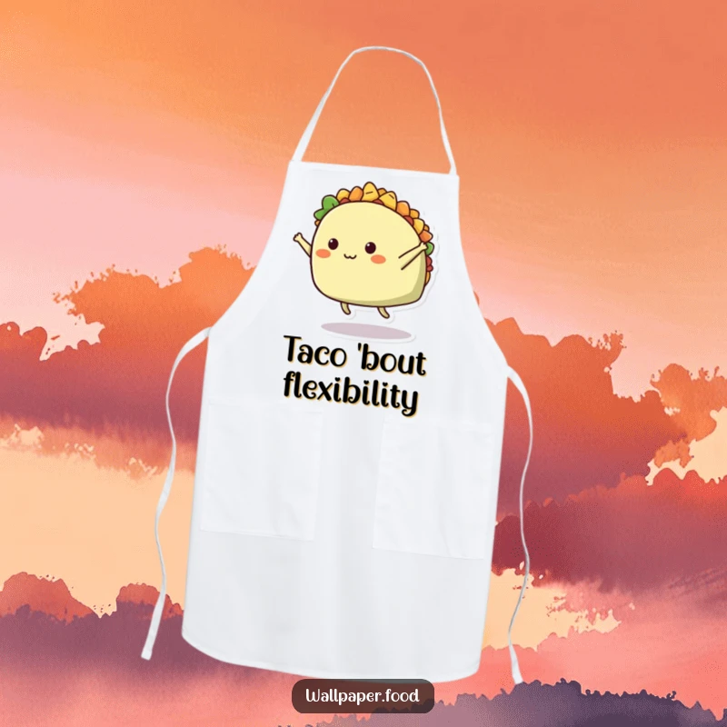 Funny chef apron with a cheerful taco character doing a mid-air split, making cooking a humorous and enjoyable experience.