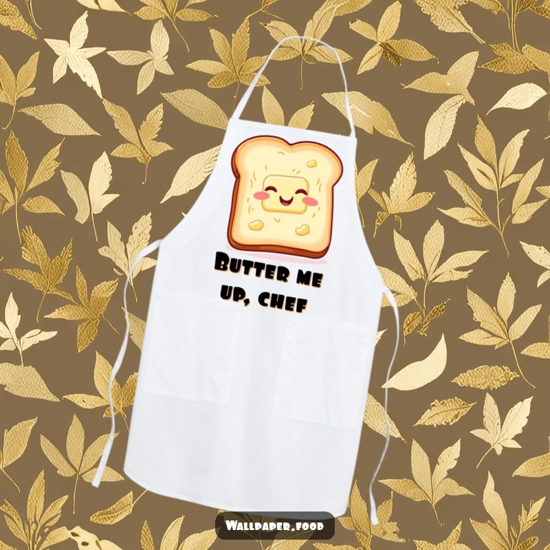 Funny toast and butter apron, wiggling with glee, kitchenwear for breakfast lovers who enjoy humor. Great funny gift.