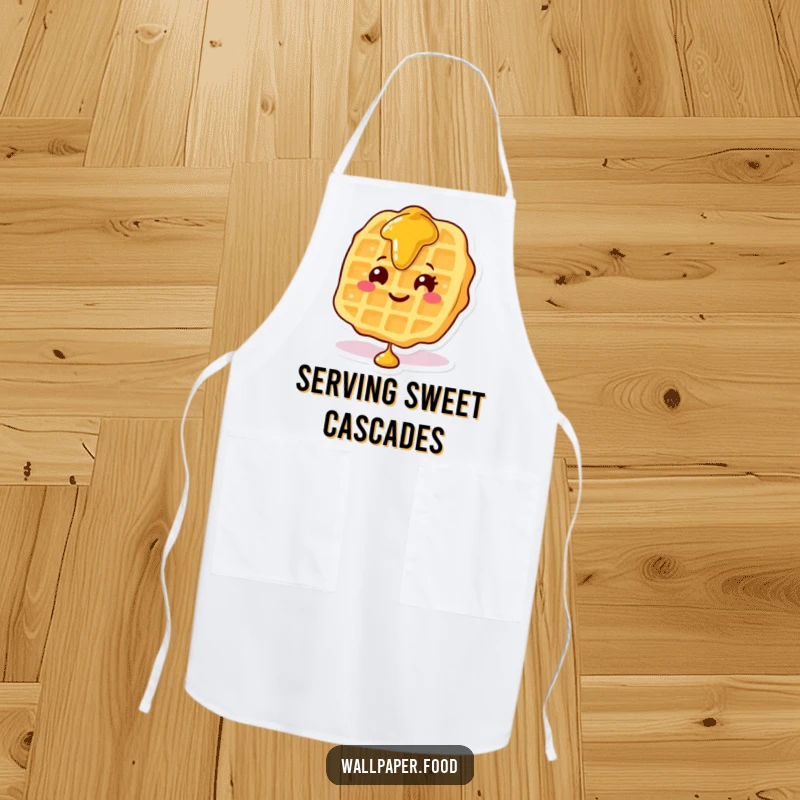 Funny apron illustrated with a smiling waffle character with syrup cascading down, ready for kitchen fun.