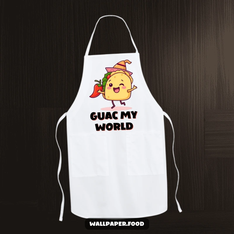 Funny apron featuring a happy taco in a tiny hat dancing energetically with a chili pepper, ready for kitchen fun.