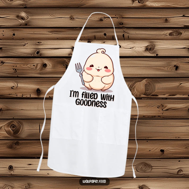Funny dumpling apron shows a proud dumpling with rosy cheeks holding a tiny fork, ready to cook up a storm.