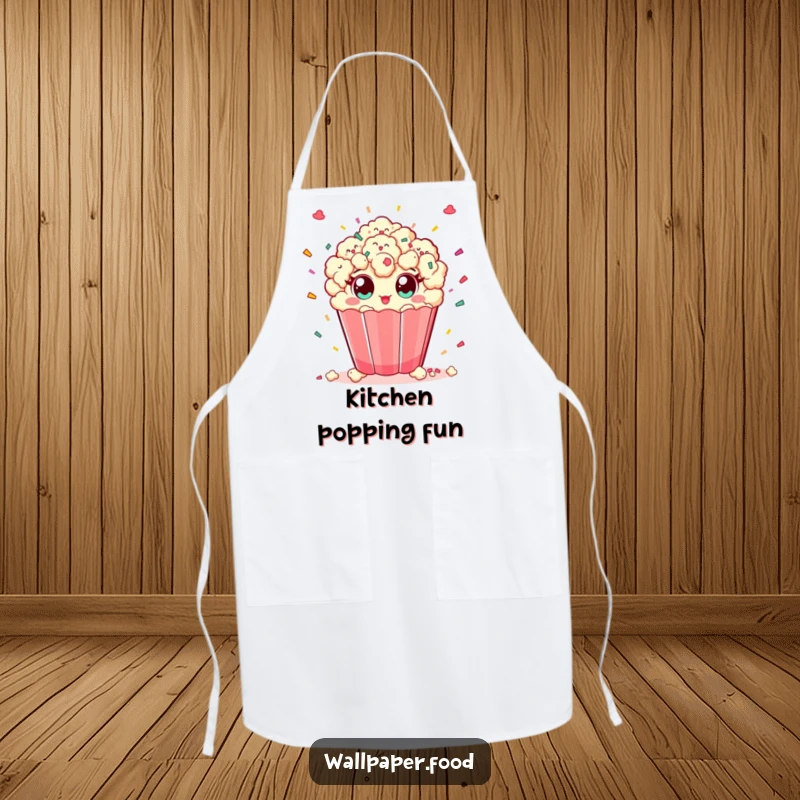 Funny chef apron showcasing a playful popcorn character with wide eyes, throwing confetti to make cooking a party.