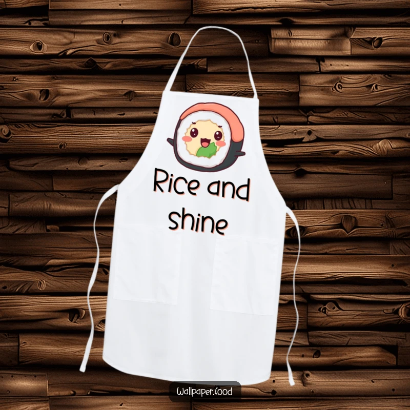 Funny apron showing a delighted sushi roll with beady eyes happily bouncing, perfect for adding Japanese food fun to cooking. A funny gift.