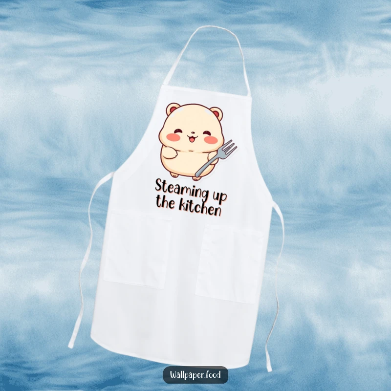 Funny apron showcasing a proud dumpling with rosy cheeks holding a tiny fork, perfect for adding culinary charm and humor to cooking.