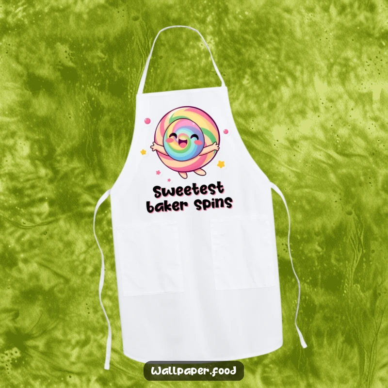 Funny candy character apron, joyfully spinning with bright, vibrant colors, making kitchen tasks a cheerful delight.