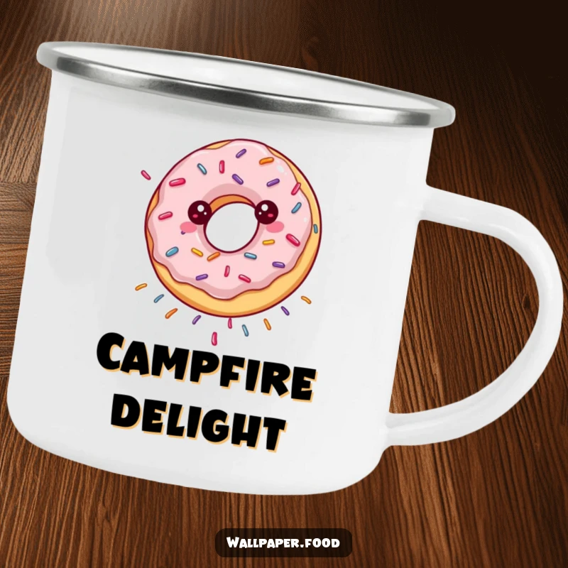 Funny camping mug with a happily spinning donut showering sprinkles, perfect for sweet sips outdoors.