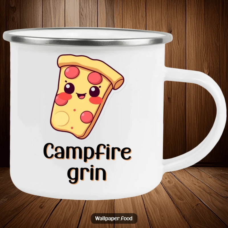 Funny camping mug with a pizza slice sliding with a mischievous grin on its crust, perfect for outdoor fun.