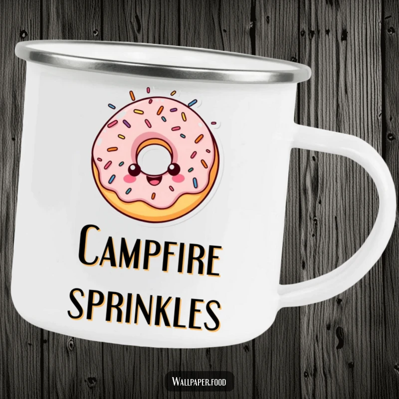 Funny camping mug showing a cheerful donut character with a halo made of colorful sprinkles, ready for outdoor fun.