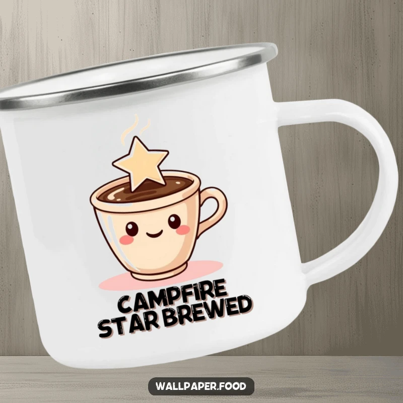 Funny camping mug showing a coffee cup character with steam artfully shaped like a star, ideal for outdoor enjoyment.