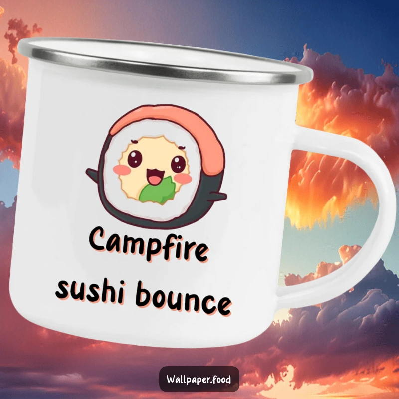 Funny camping mug featuring a delighted sushi roll with beady eyes happily bouncing, perfect for outdoor drinks with Japanese humor. Funny gift.