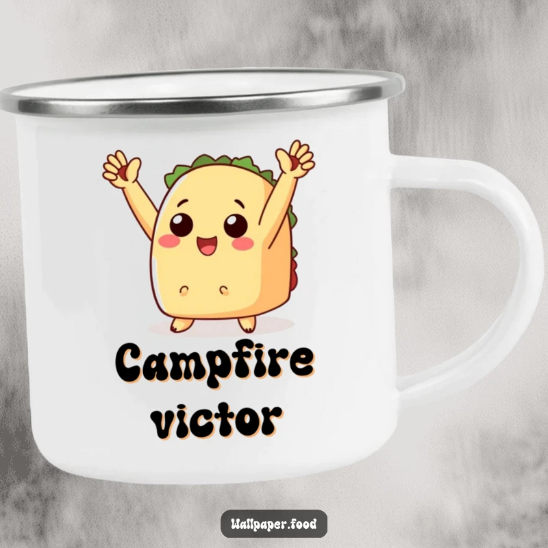 Funny camping mug with a cheering taco raising tiny arms in triumph, perfect for outdoor celebrations.