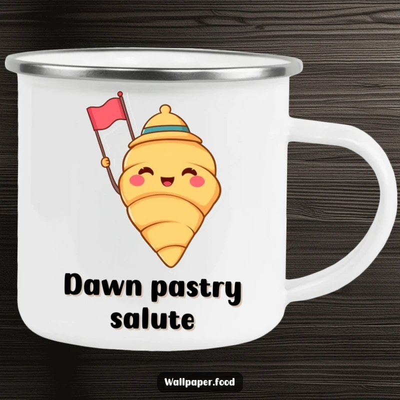 Funny camping mug featuring a cheerful croissant wearing a jaunty hat and waving a tiny flag, perfect for outdoor drinks with baking humor. Funny gift.