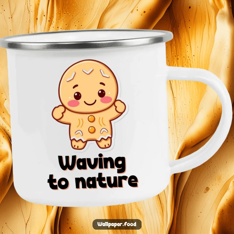Funny gingerbread cookie character waving hello on a rugged camping mug, ready for outdoor adventures and smiles.