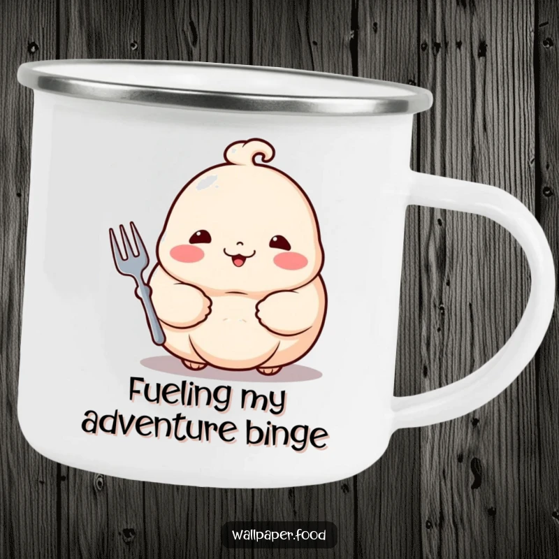Funny dumpling camping mug featuring a proud dumpling with rosy cheeks holding a tiny fork, ready for outdoor fun.