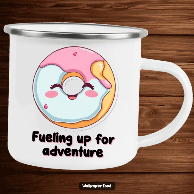 Funny winking donut camping mug, showing a happy character with a bite missing, ready for outdoor fun.