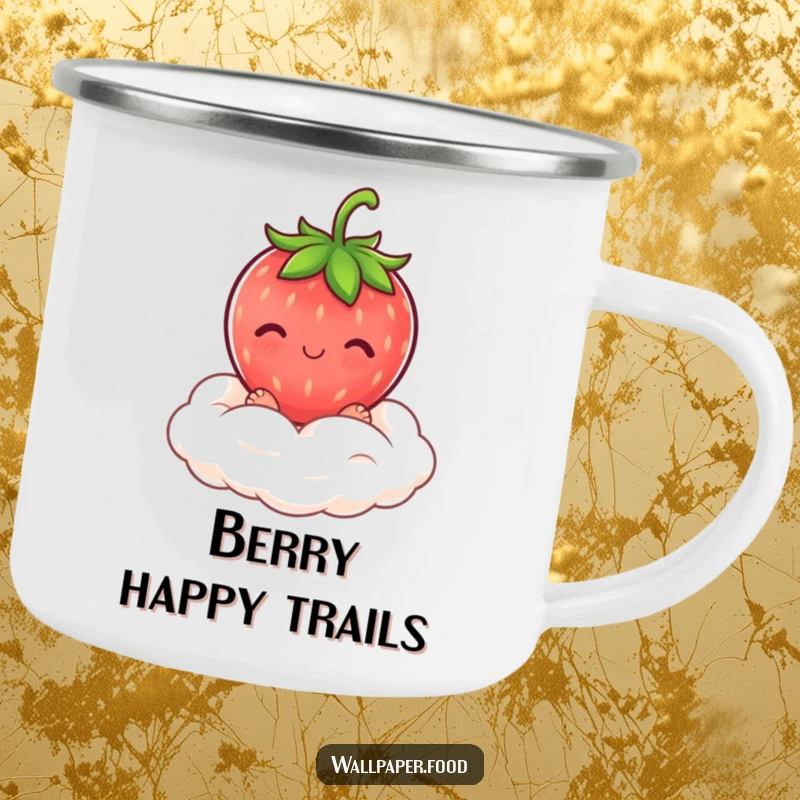 Funny blushing strawberry character on a cream cloud, featured on a durable camping mug for sweet outdoor fun.