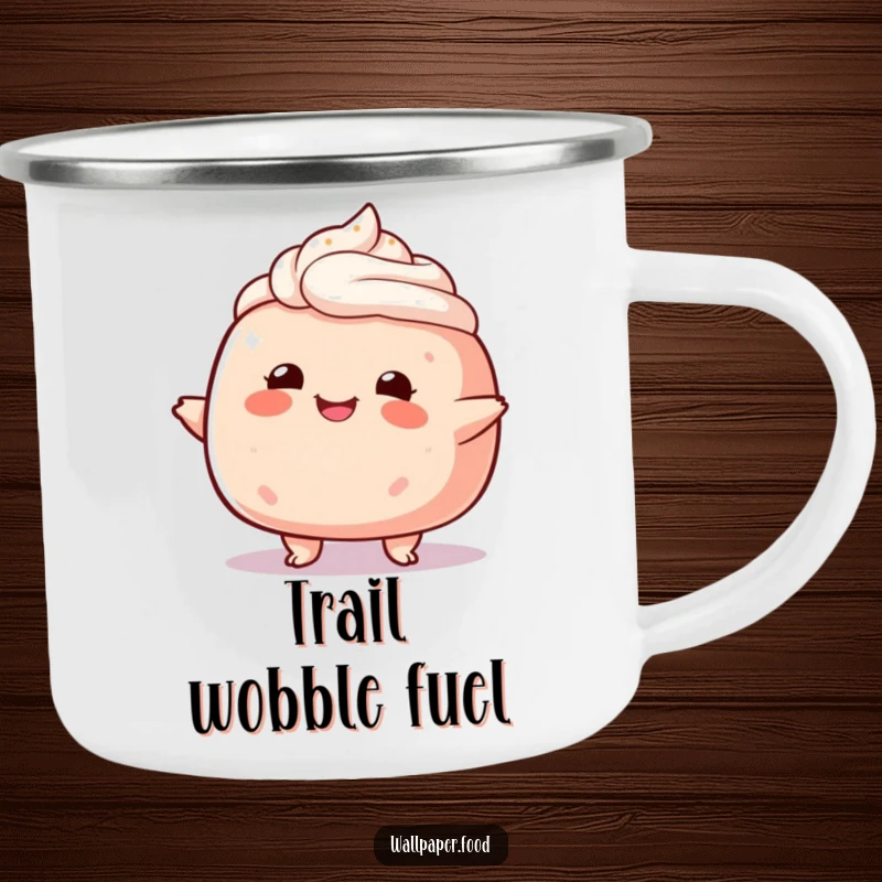 Funny plump cake character camping mug, happily wobbling, ready to hold your favorite warm drink outdoors.