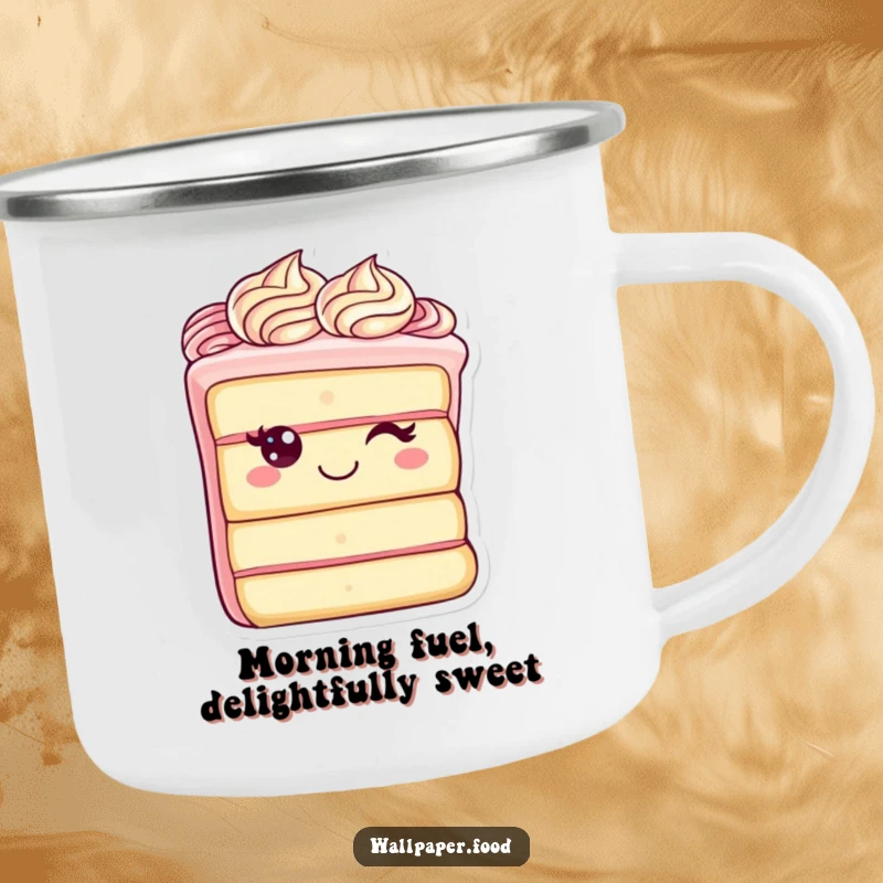 Funny camping mug featuring a cheerful cake slice character with elegant frosting swirls, ready for outdoor adventures and hot drinks with a smile.