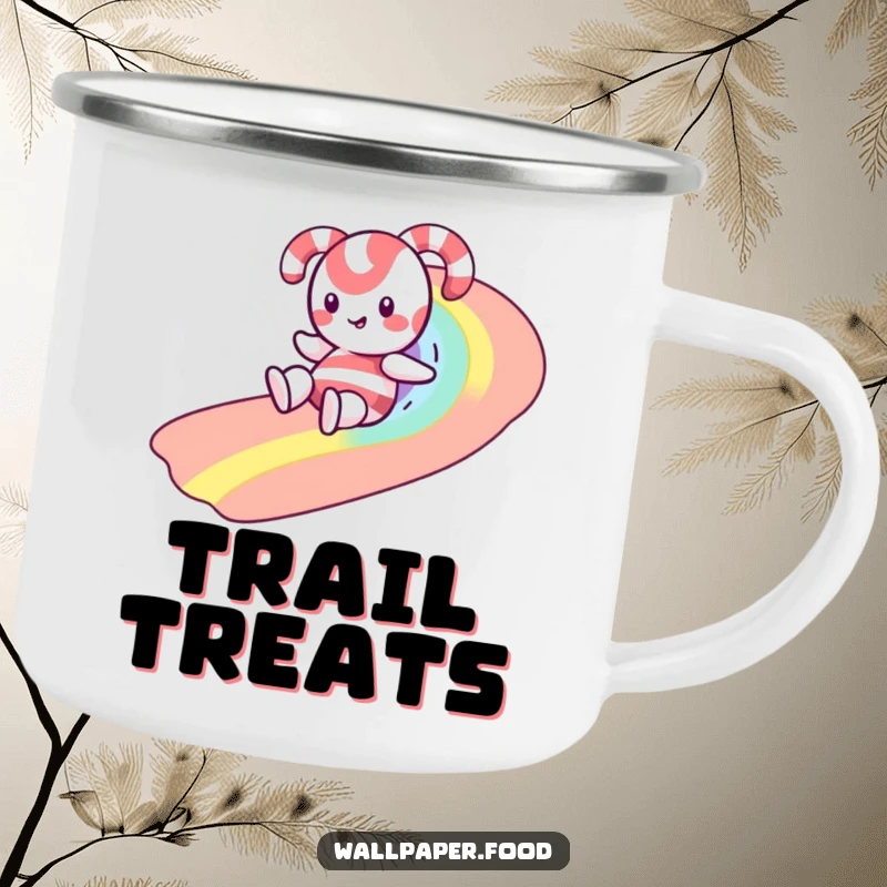 Funny camping mug showing a happy candy cane sliding down a vibrant rainbow made of colorful sprinkles, perfect for outdoor fun.